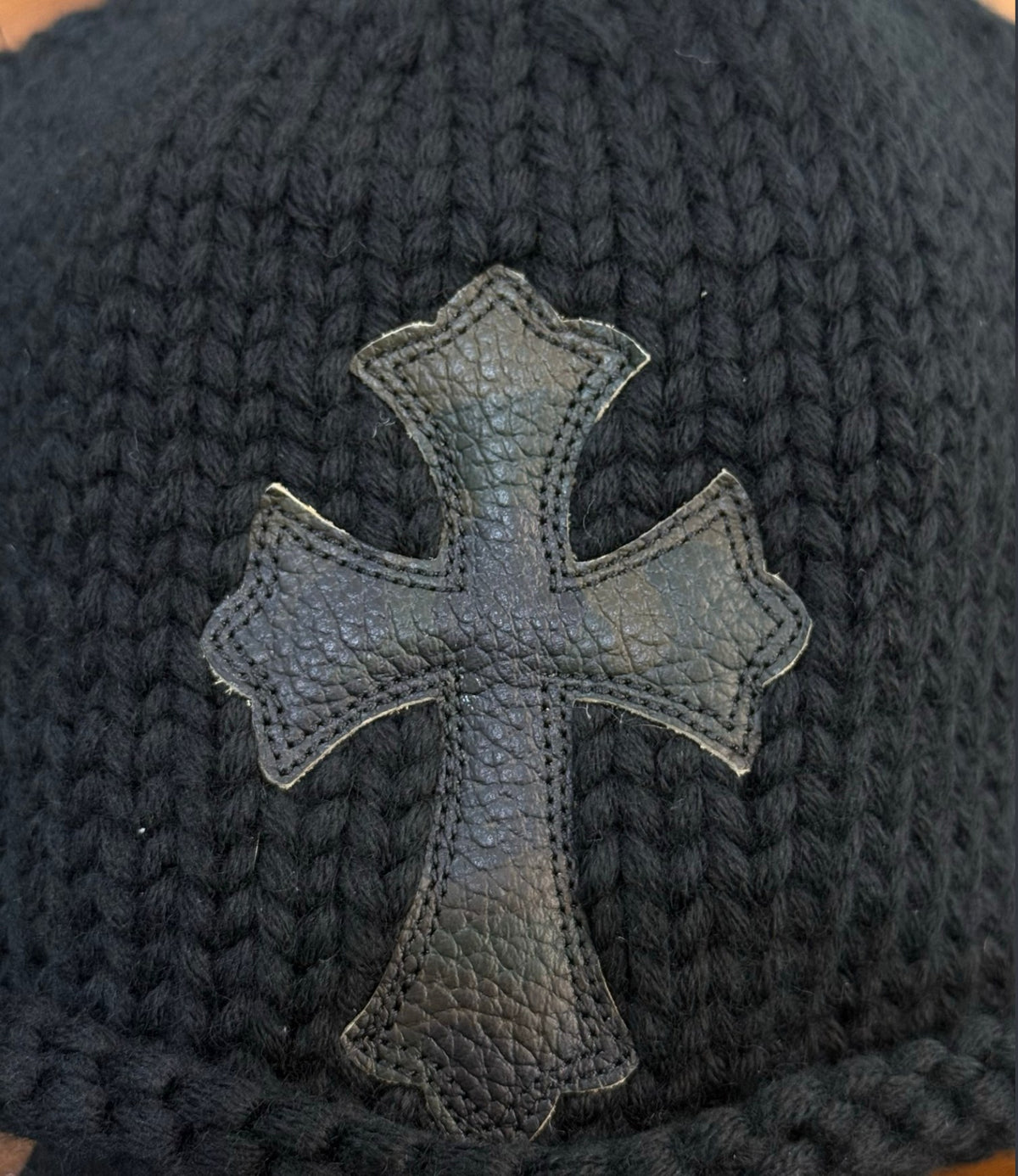 Leather Cross Patch Chunky Cashmere Beanie one size