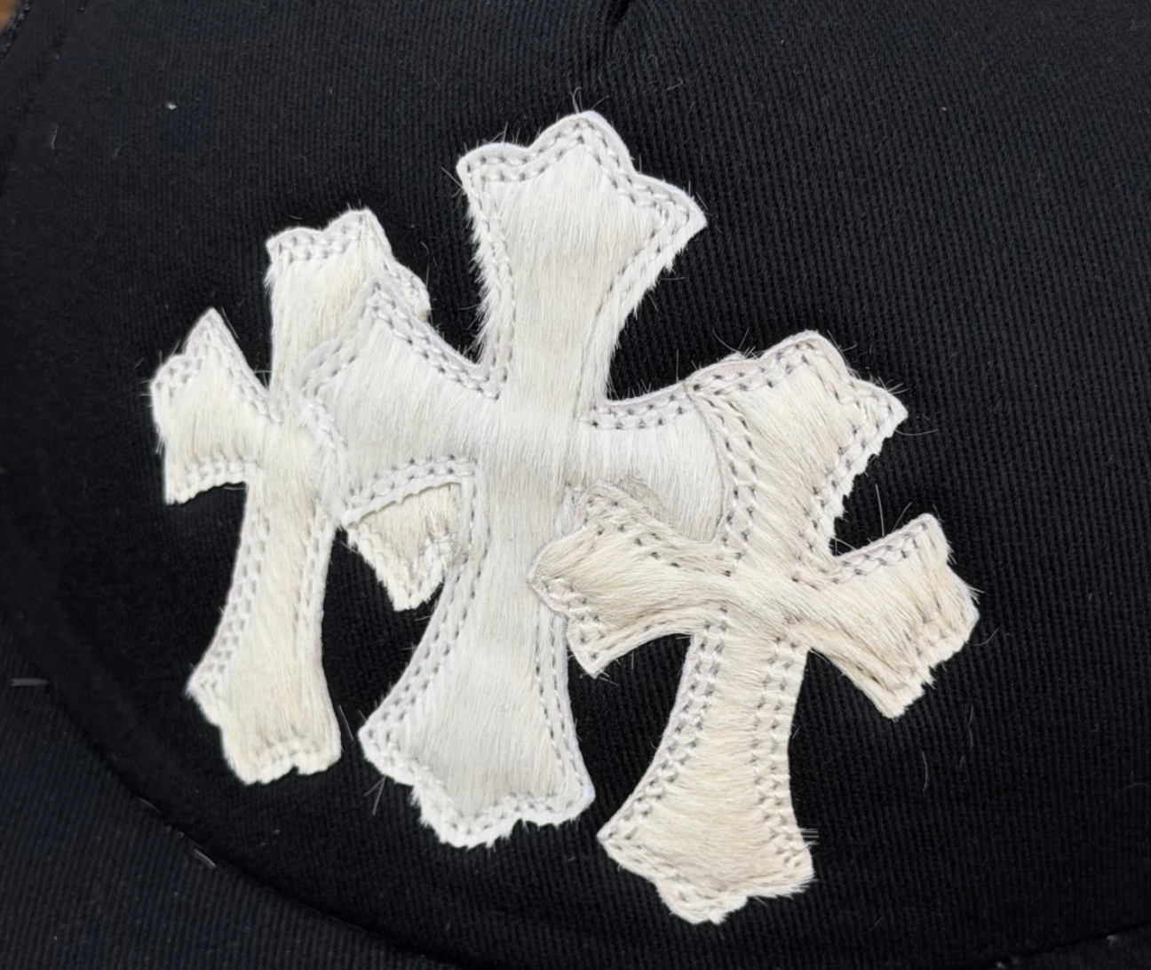 Tripe Cross Pony Hair Patch Trucker Hat one size