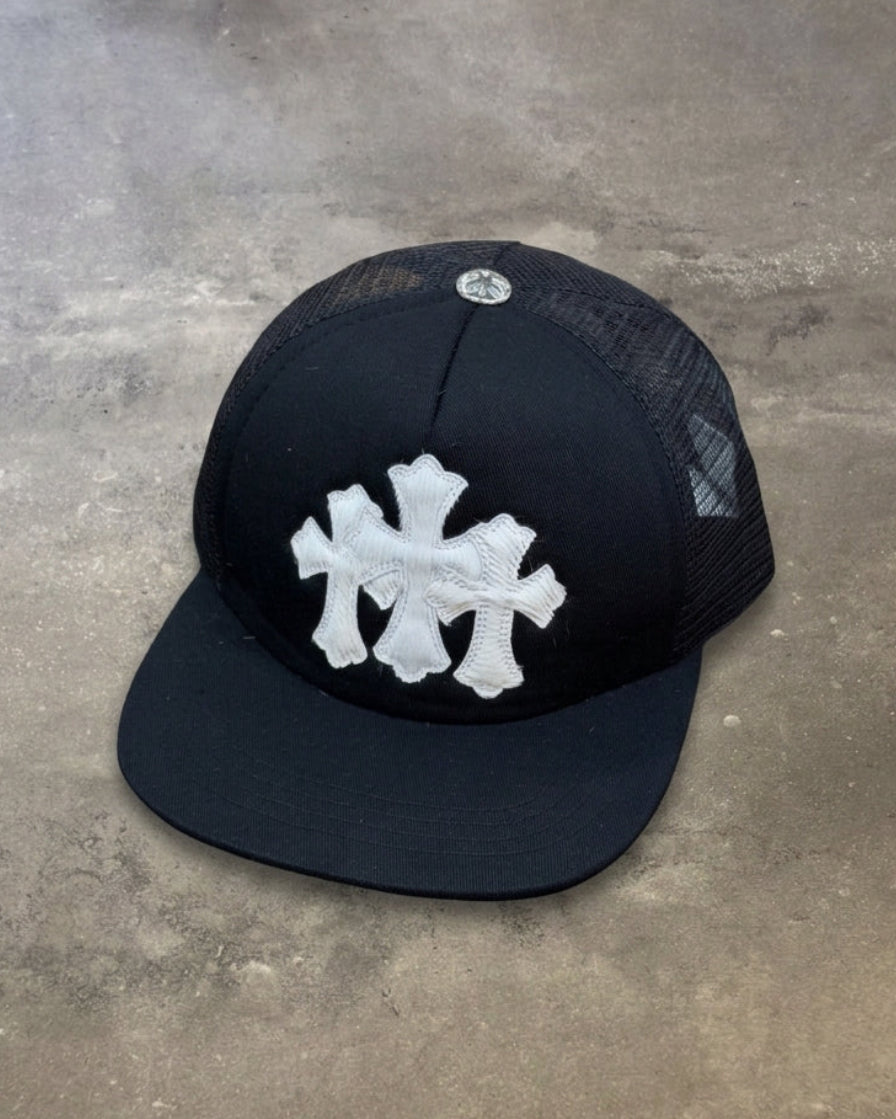 Tripe Cross Pony Hair Patch Trucker Hat one size