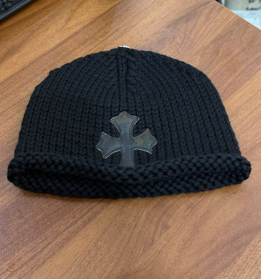 Leather Cross Patch Chunky Cashmere Beanie one size