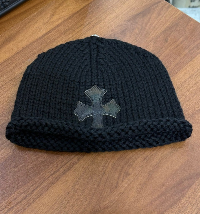 Leather Cross Patch Chunky Cashmere Beanie one size