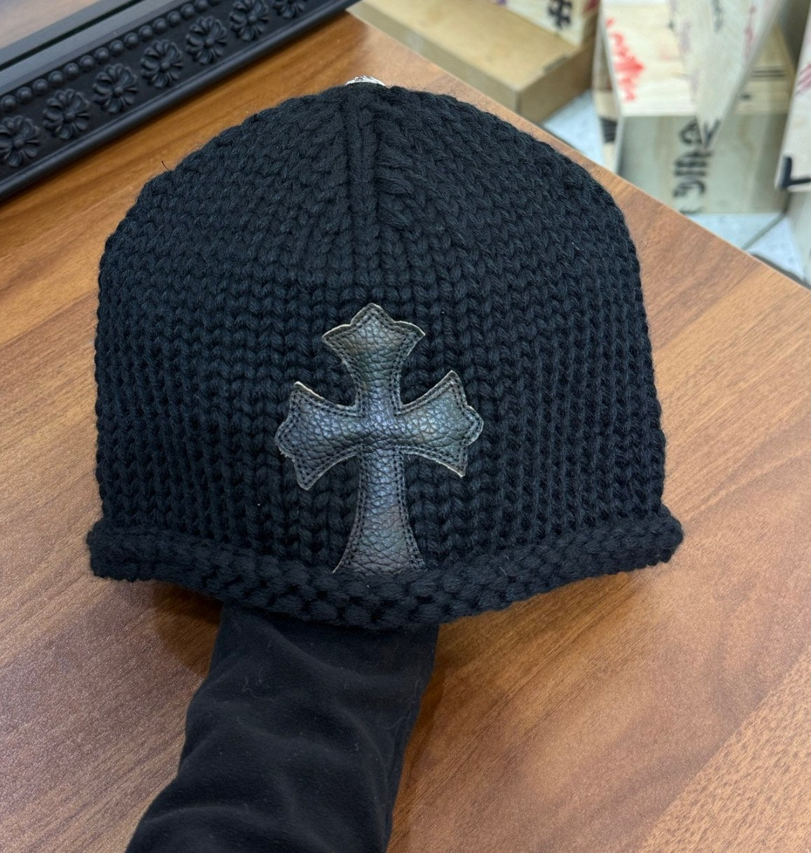 Leather Cross Patch Chunky Cashmere Beanie one size