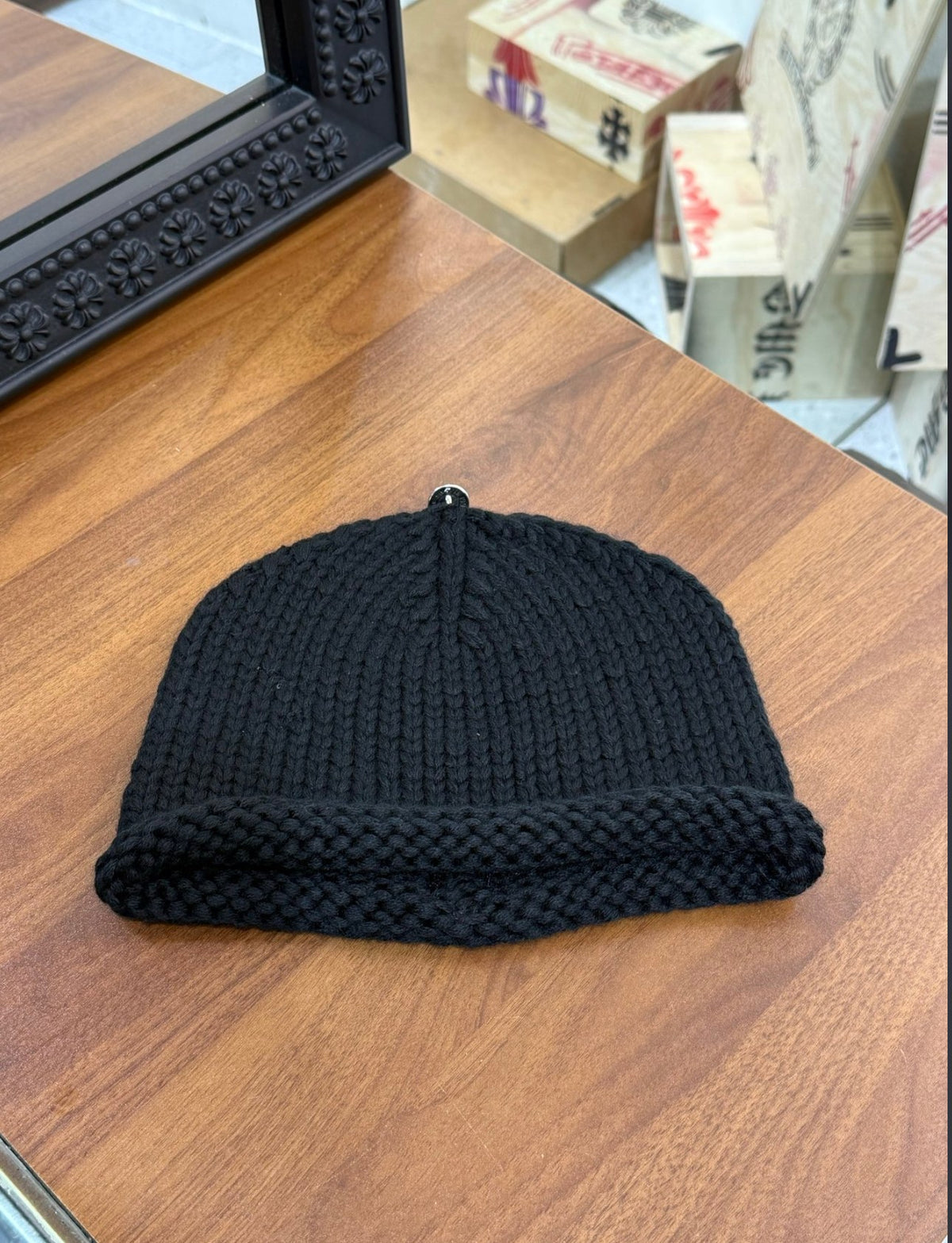 Leather Cross Patch Chunky Cashmere Beanie one size